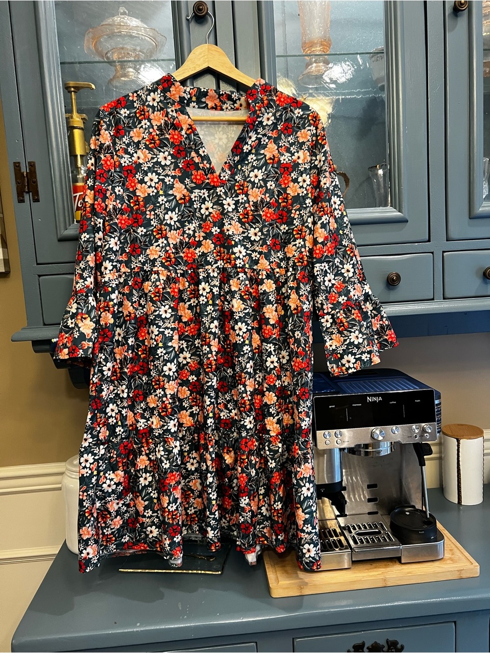 Black Floral Tiered V-Neck Dress with Red & White Blooms